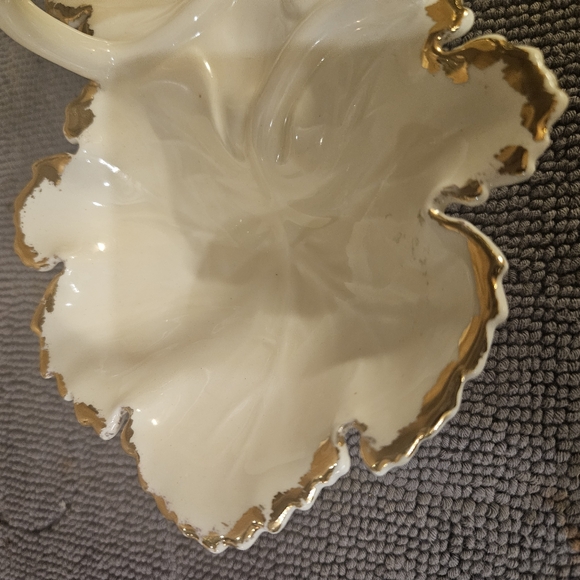 USA Pottery Cream and Gold Edged Two Bowl Ceramic Candy Dish - Picture 3 of 9